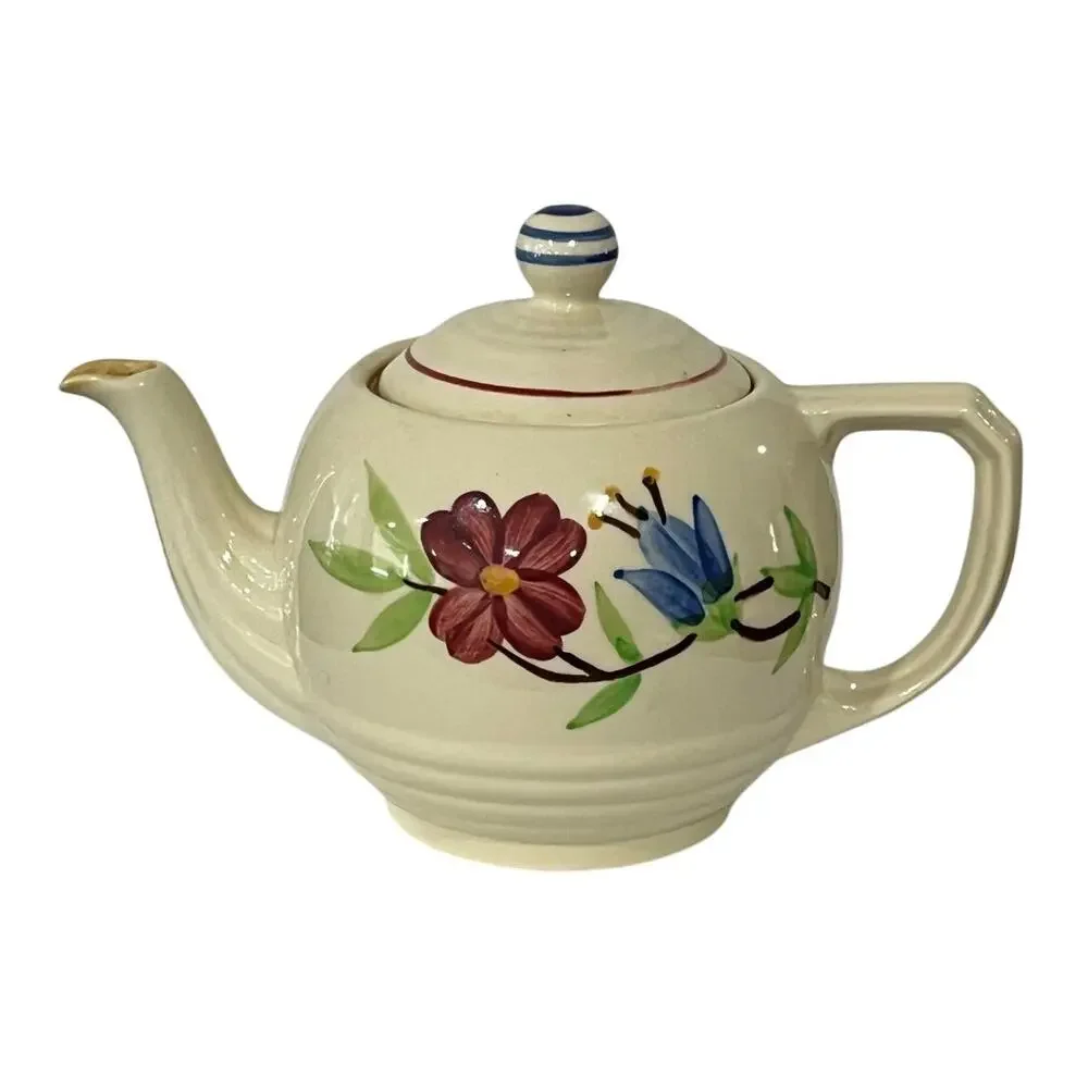 Vintage USA Floral Ceramic Teapot Hand Painted Cottagecore‎ Farmhouse Decor